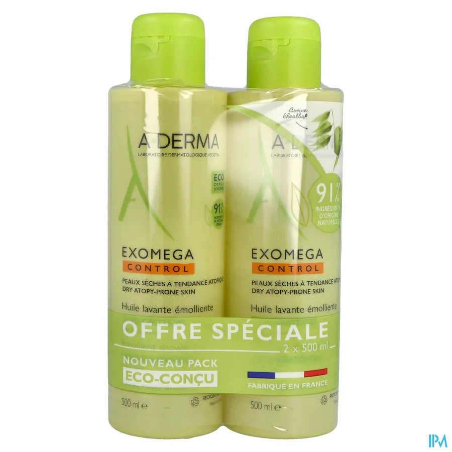 packshot van Aderma Exomega Control Olie Promo -50% 2 x 500 ml
