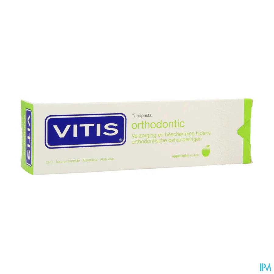 packshot van Vitis Orthodontic Tandpasta voor Verzorging en Bescherming tijdens Orthodontische Behandelingen met Appel-Mint Smaak 75 ml