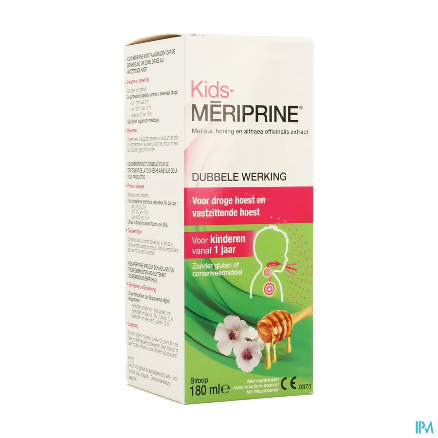 packshot van Kids Mériprine Siroop voor Droge en Vastzittende Hoest voor Kinderen vanaf 1 Jaar met Zwarte Bessensap 180 ml