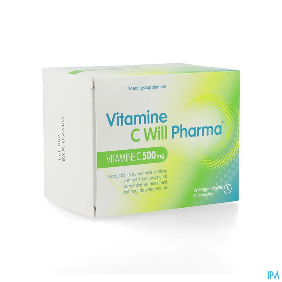 packshot van Vitamine C Will Pharma -Vitamine C 500 mg- 60 Capsules met Verlengde Afgifte