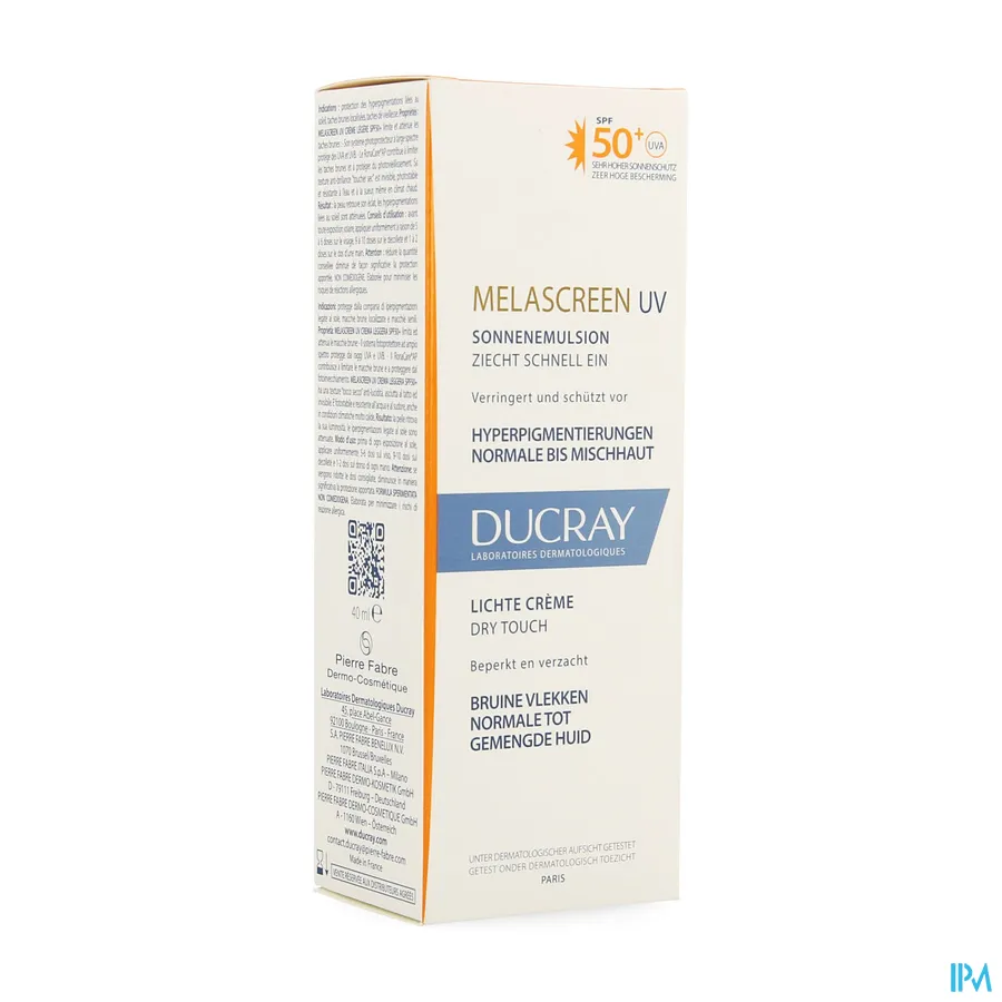 packshot van Ducray Melascreen Lichte Crème met SPF 50+ die Bruine Vlekken Beperkt en Verzacht voor Normale tot Gemengde Huid Pompflacon 40 ml