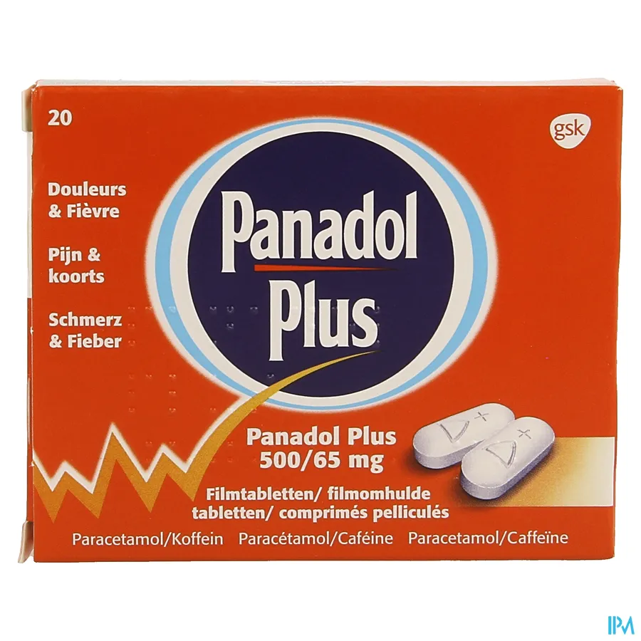 packshot van Panadol Plus bij Pijn en Koorts met 500 mg Paracetamol en 65 mg Caffeïne 20 Tabletten