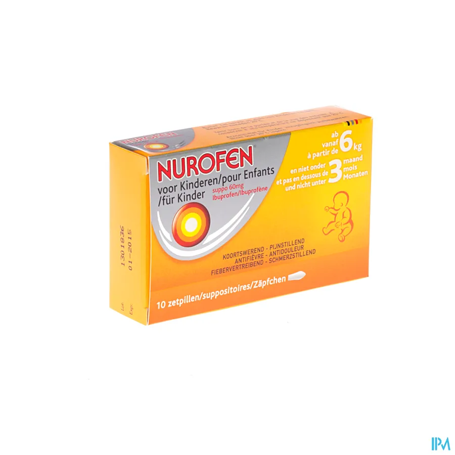 packshot van Nurofen 60 mg Suppo voor Kinderen vanaf 6 kg en Niet Onder 3 Maanden 10 Zetpillen