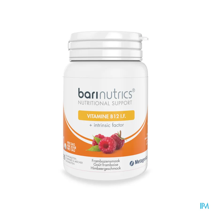 packshot van Barinutrics Vitamine B12 + Intrinsic Factor 90 Kauwtabletten met Frambozensmaak
