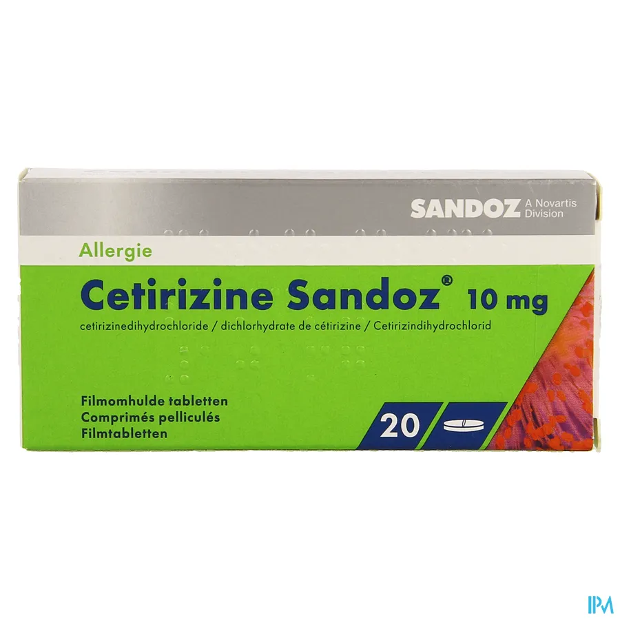 packshot van Cetirizine Sandoz 10 mg 20 tabletten