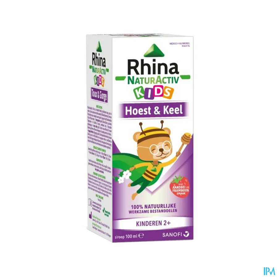 packshot van Rhina NaturActiv Kids 'Hoest en Keel' voor Kinderen vanaf 2 Jaar met Aardbei- en Framboossmaak Siroop 100 ml