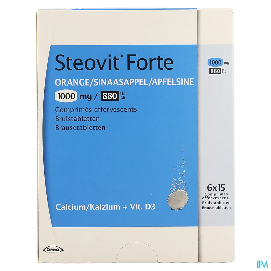 packshot van Steovit D3 1000 mg Calcium + 880 IE Vitamine D3 Sinaasappelsmaak 90 Bruistabletten