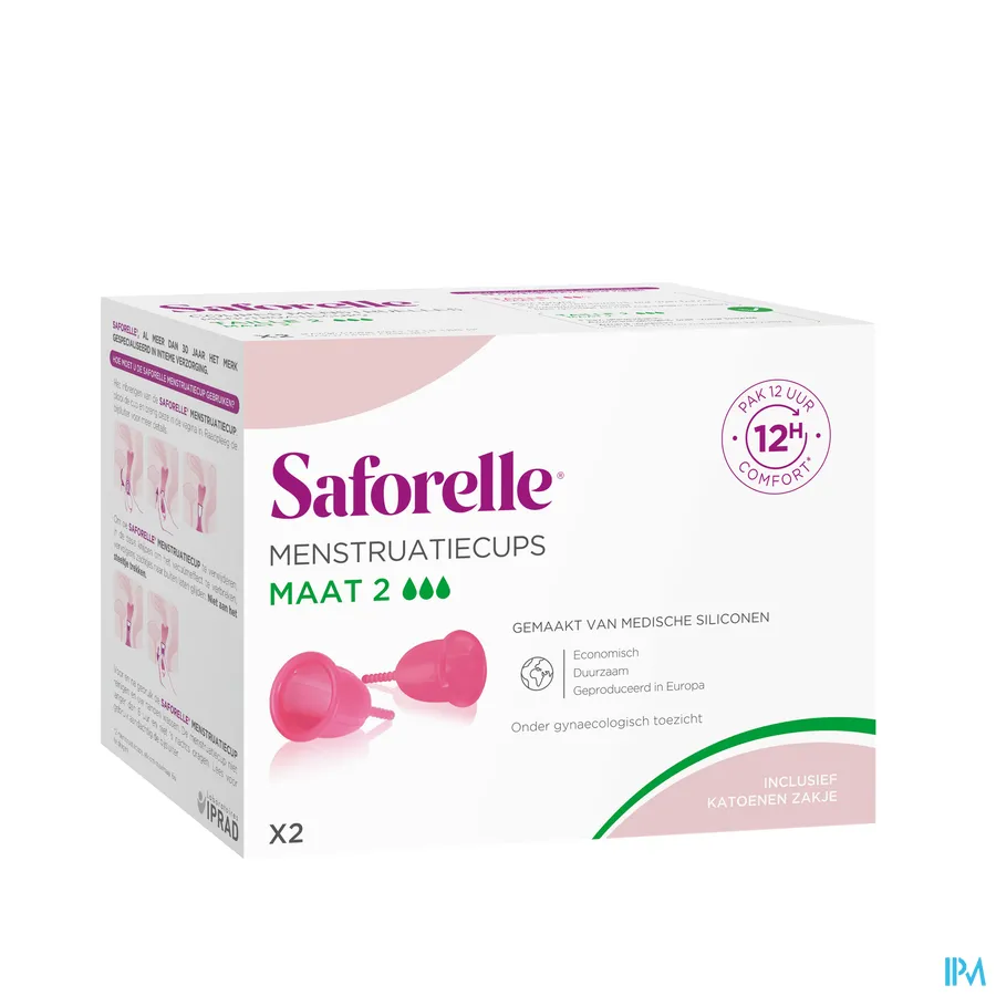 packshot van Saforelle Cup Protect - Comfortpakket voor 12 Uur met 2 Menstruatiecups en 1 Houder voor Sterilisatie en Transport - Maat 2