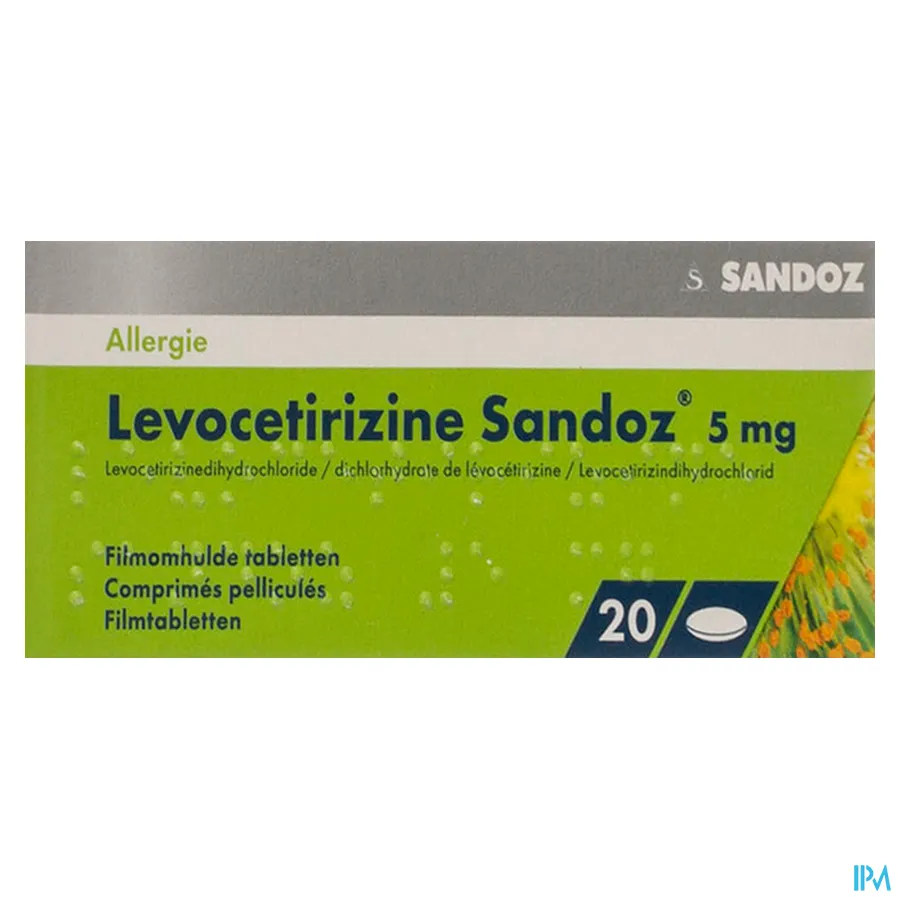packshot van Levocetirizine Sandoz 5 mg 20 tabletten
