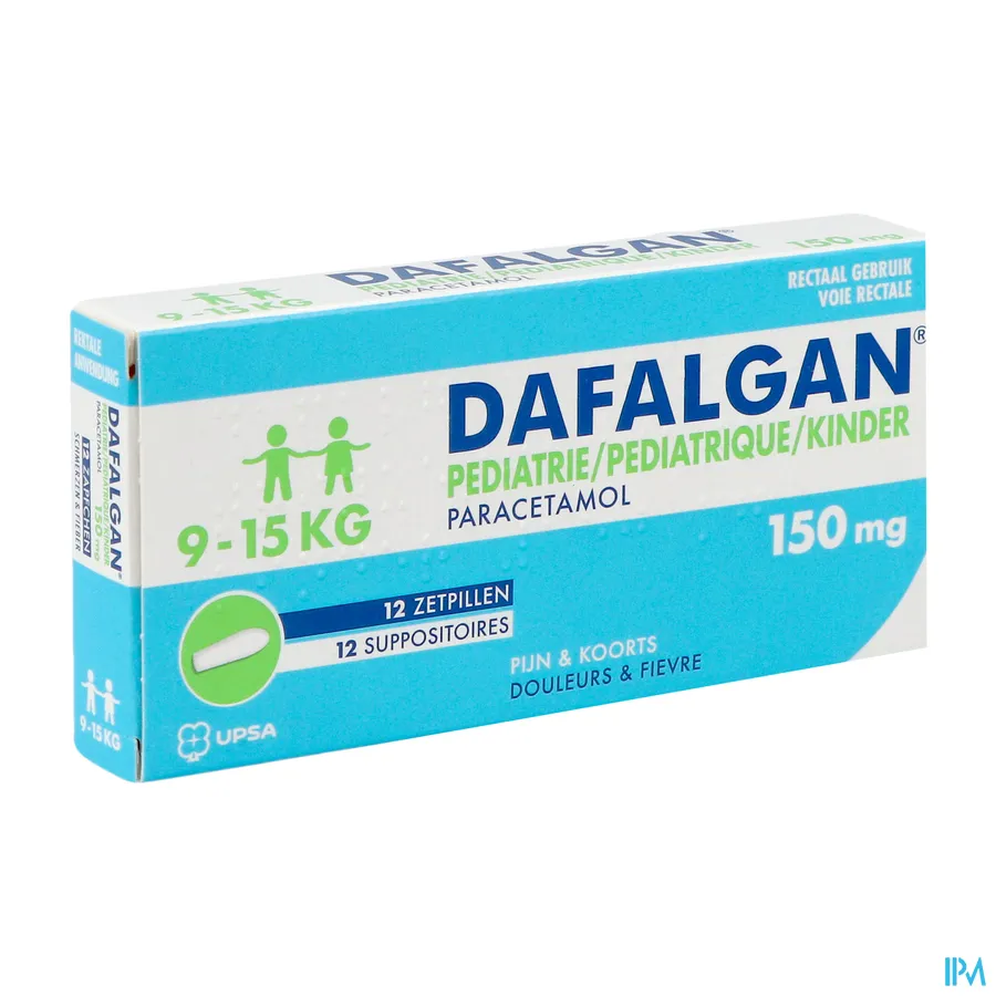packshot van Dafalgan Pediatrie -Paracetamol 150 mg voor Kinderen van 10-15 kg- bij Pijn en Koorts 12 Zetpillen