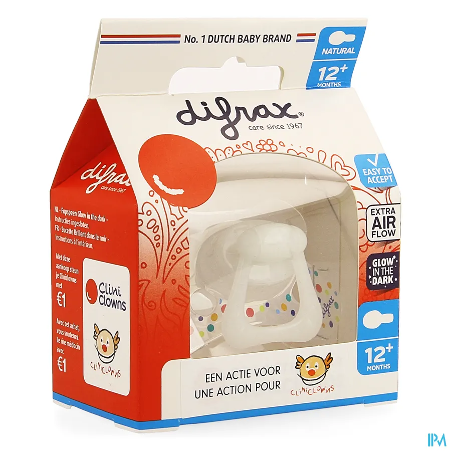 packshot van Difrax Fopspeen Natural 12m+ Cliniclowns
