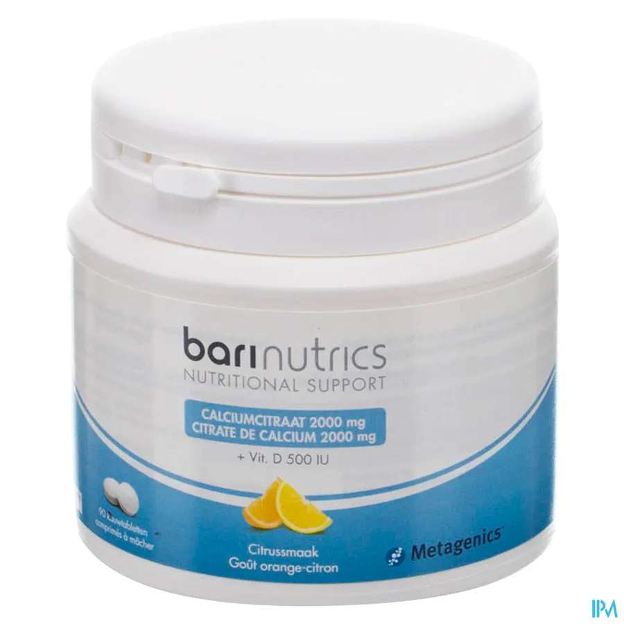packshot van Barinutrics 2000 mg Calciumcitraat en 500 IU Vitamine D 90 Kauwtabletten met Citrussmaak