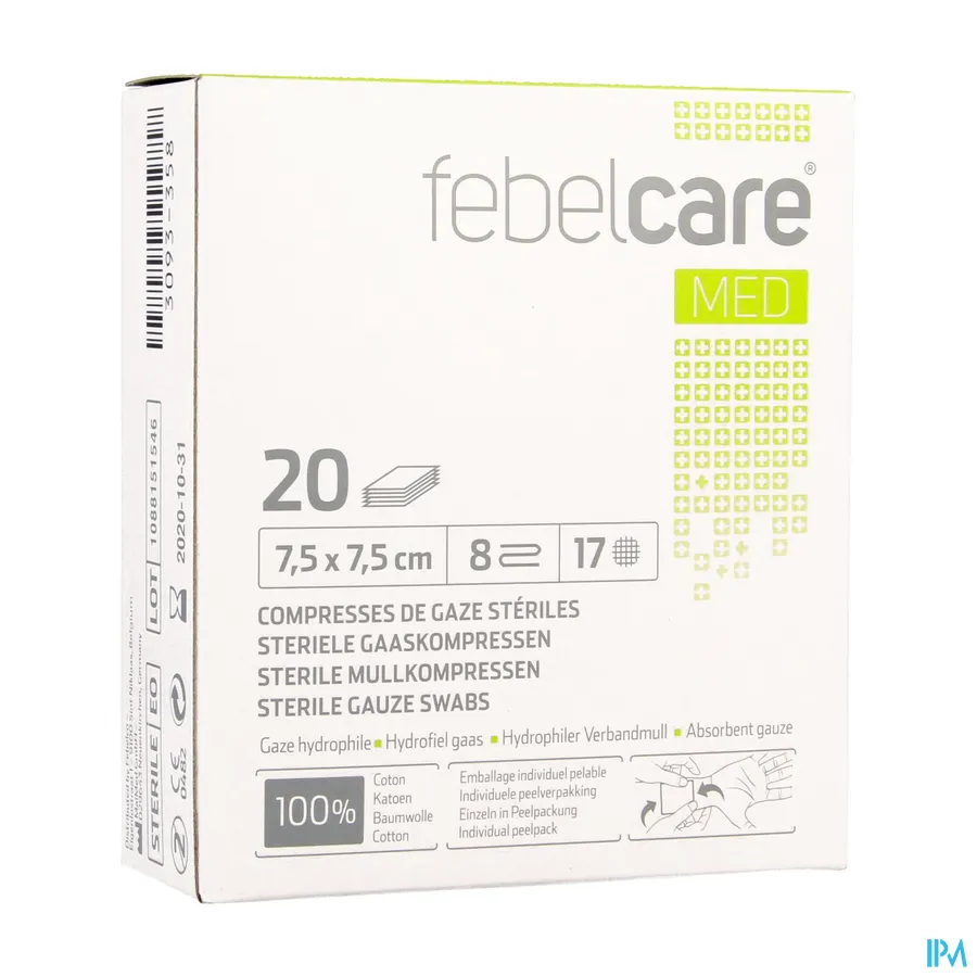 packshot van Febelcare Gaaskompres Steriel 7,5 x 7,5 cm 20 stuks