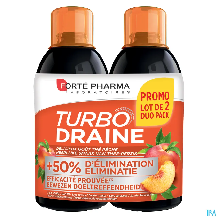 packshot van Forté Pharma Turbo Draine Helpt met Draineren en Zuiveren door Moerasspirea met Abrikozensmaak Promo Duopack 2 x 500 ml