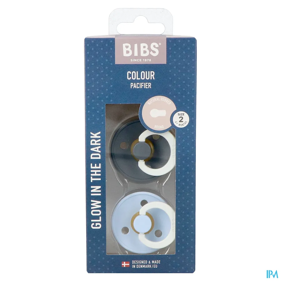 packshot van Bibs 2 Fopspeen Duo Glow Dark Iron&baby Blue
