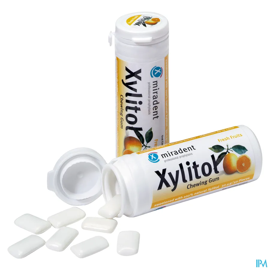 packshot van Miradent Kauwgom Xylitol Fruit 30 stuks