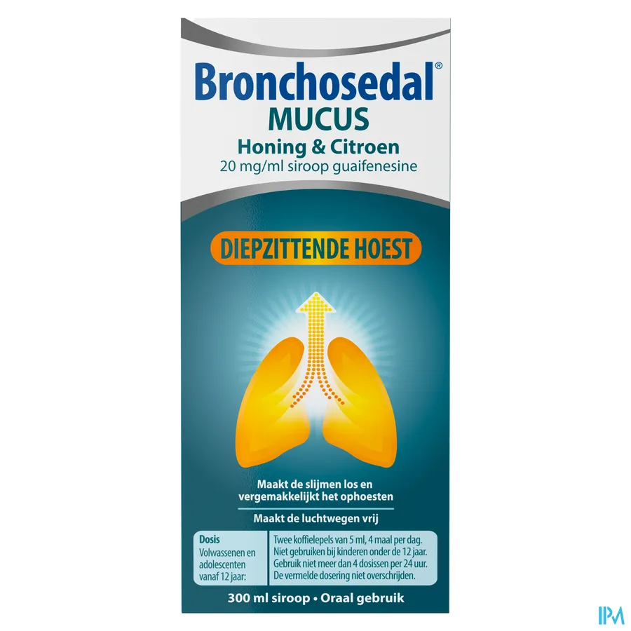 packshot van Bronchosedal Mucus Honing en Citroen bij Diepzittende Hoest Siroop 300 ml