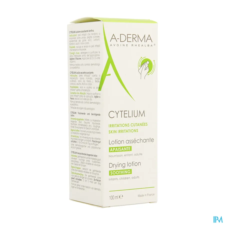 packshot van Aderma Cytelium Verzachtende Uitdrogende Lotion bij Geïrriteerde Huid die Gemakkelijk Verweekt voor Gelaat en Lichaam Flacon 100 ml
