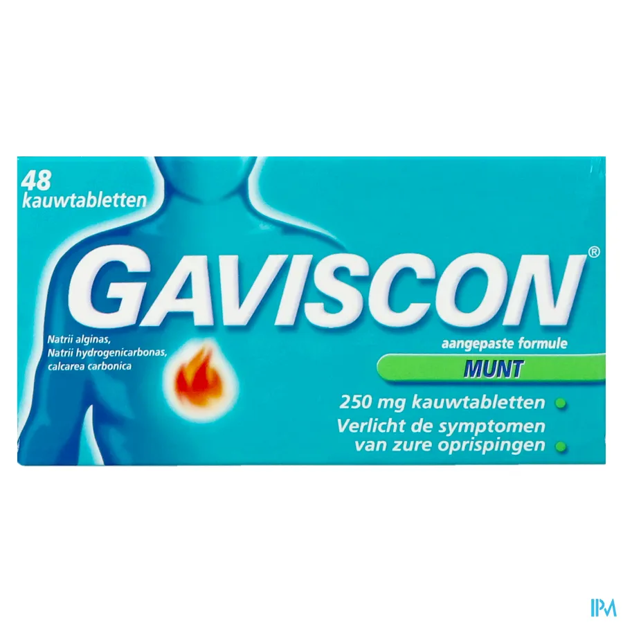 packshot van Gaviscon tegen Zure Oprispingen Muntsmaak 48 Kauwtabletten