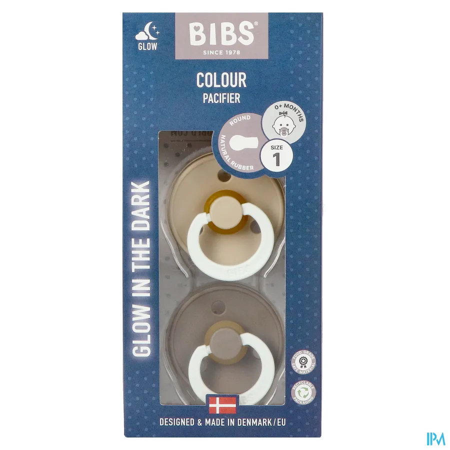 packshot van Bibs Glow in the Dark Fopspeen Duo Vanilla/Oak 0-6 2 stuks