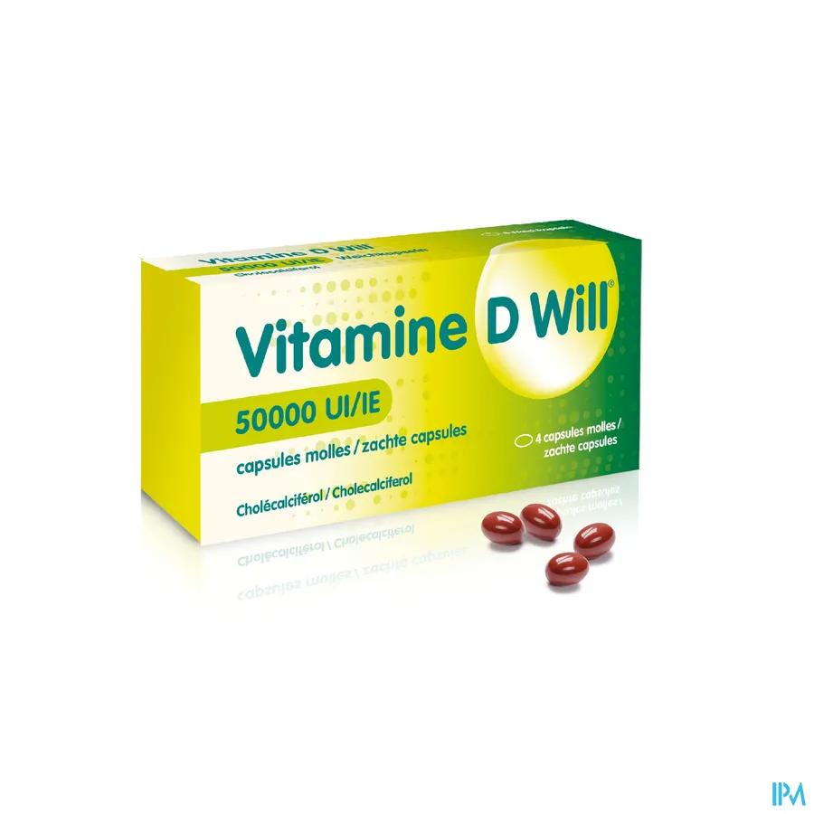 packshot van Vitamine D Will 50 000 IE - 4 Zachte Capsules