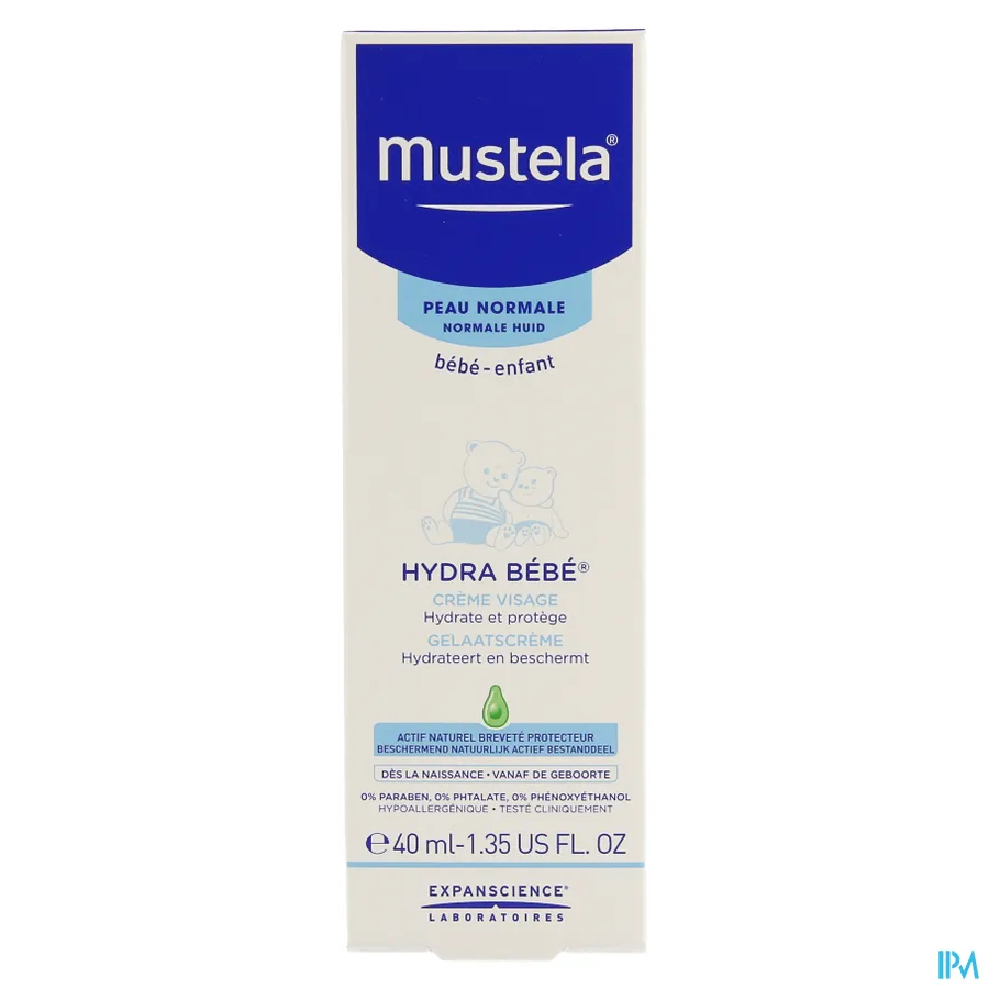 packshot van Mustela Baby en Kind Hydra Bébé Gelaatscrème voor Normale Huid 40 ml