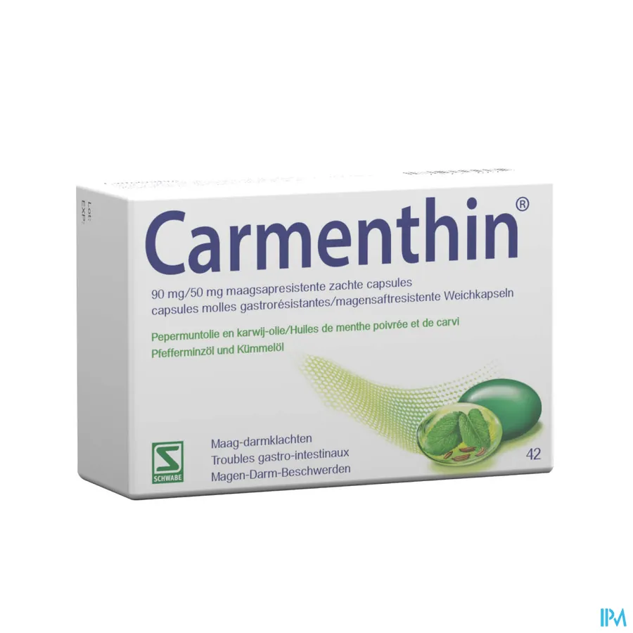 packshot van Carmenthin met Pepermuntolie en Karwij-Olie bij Maag-Darmklachten 42 Maagsapresistente Zachte Capsules
