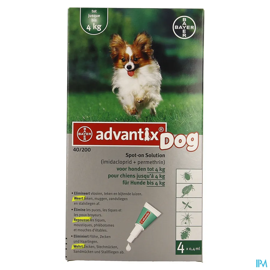 packshot van Advantix 40/200 Hond < 4 kg 4 x 0,4 ml