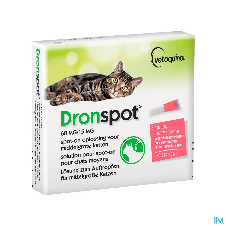 packshot van Dronspot 60 mg/15 mg Spot-on Kat >2,5-5 kg 2 stuks