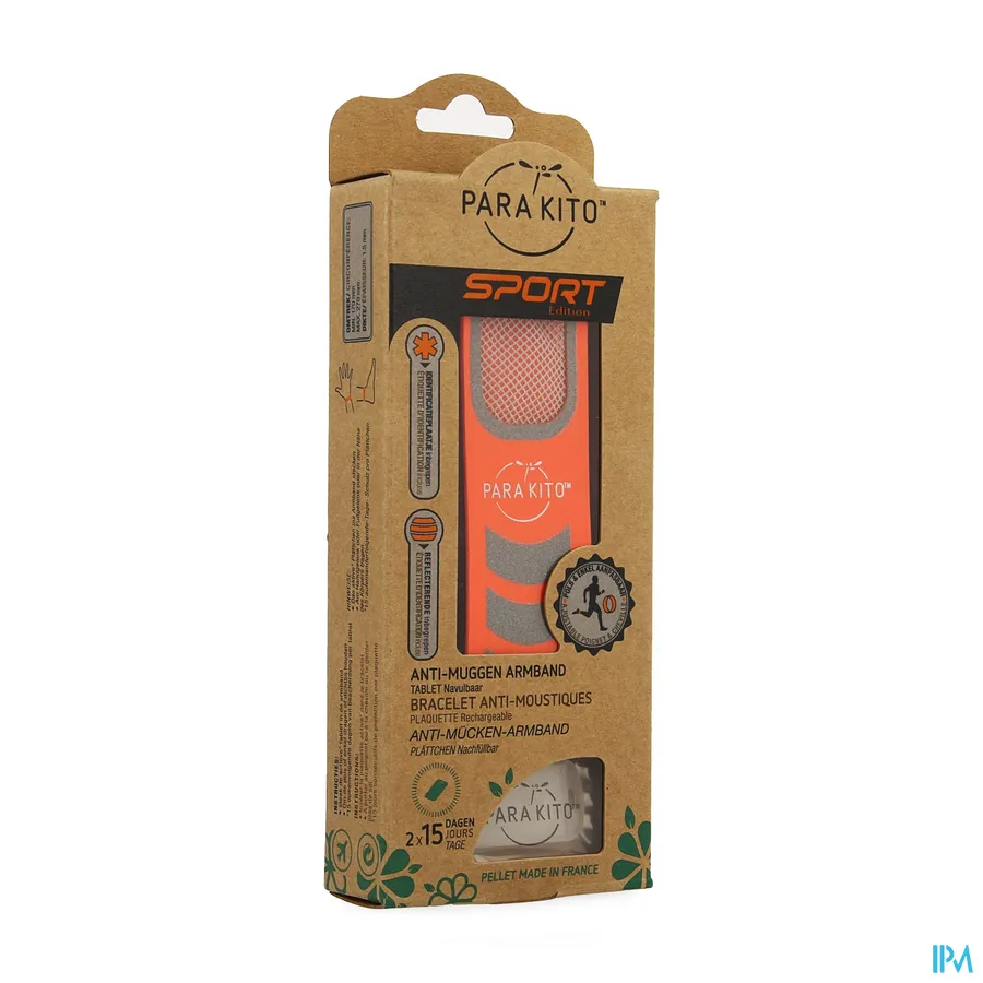 packshot van Para'Kito Anti-Muggen Armband Sport Edition 'Oranje' met 2 Navultabletten
