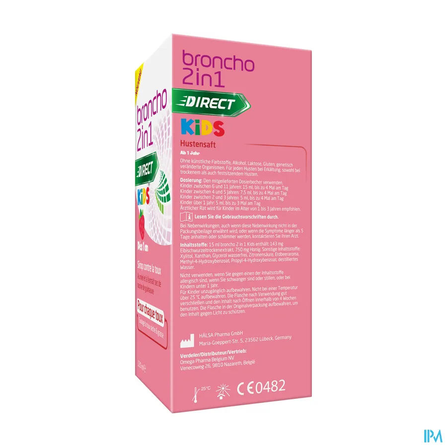 packshot van Broncho 2in1 Direct Kids Hoestsiroop voor Droge Hoest en Slijmhoest voor Kinderen vanaf 1 Jaar met Honing en Droog Heemstwortelextract met Aardbeismaak Siroop 120 ml