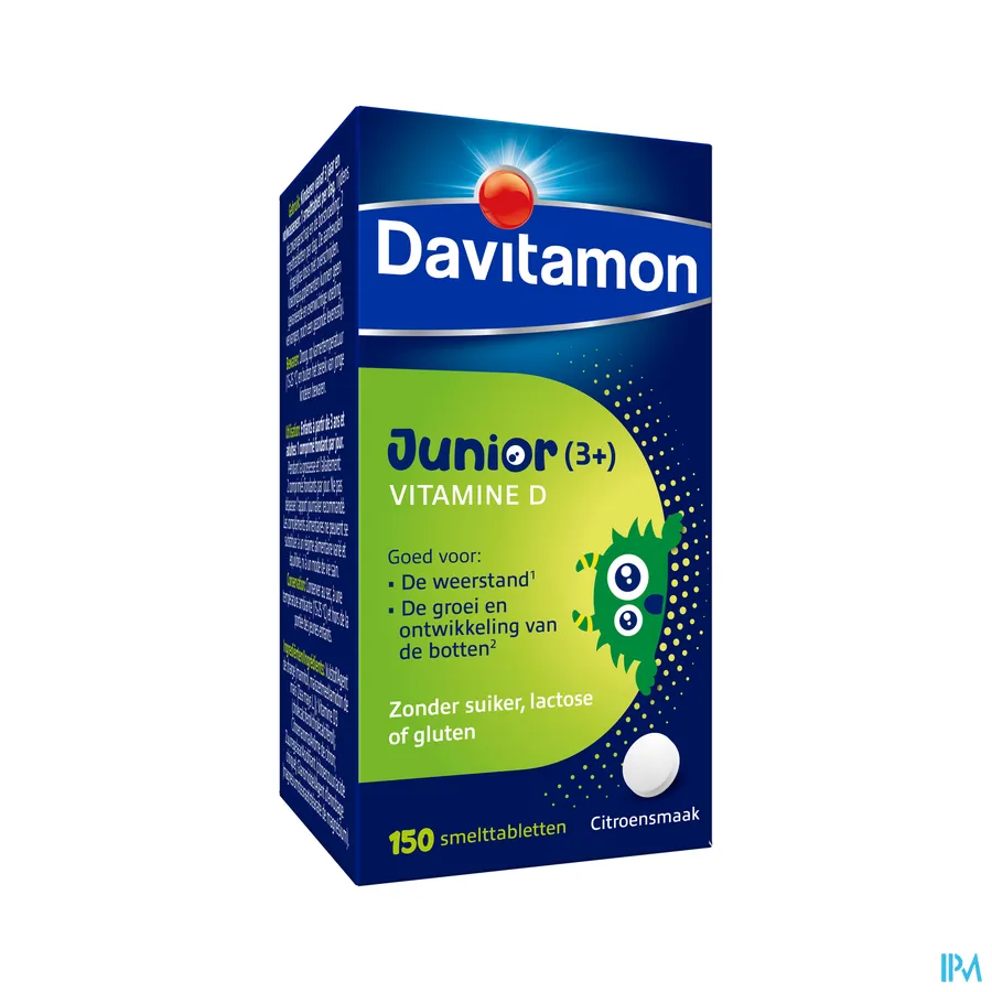 packshot van Davitamon Junior (3+) Vitamine D -Goed voor de Weerstand en de Groei en Ontwikkeling van de Botten- 150 Smelttabletten met Citroensmaak