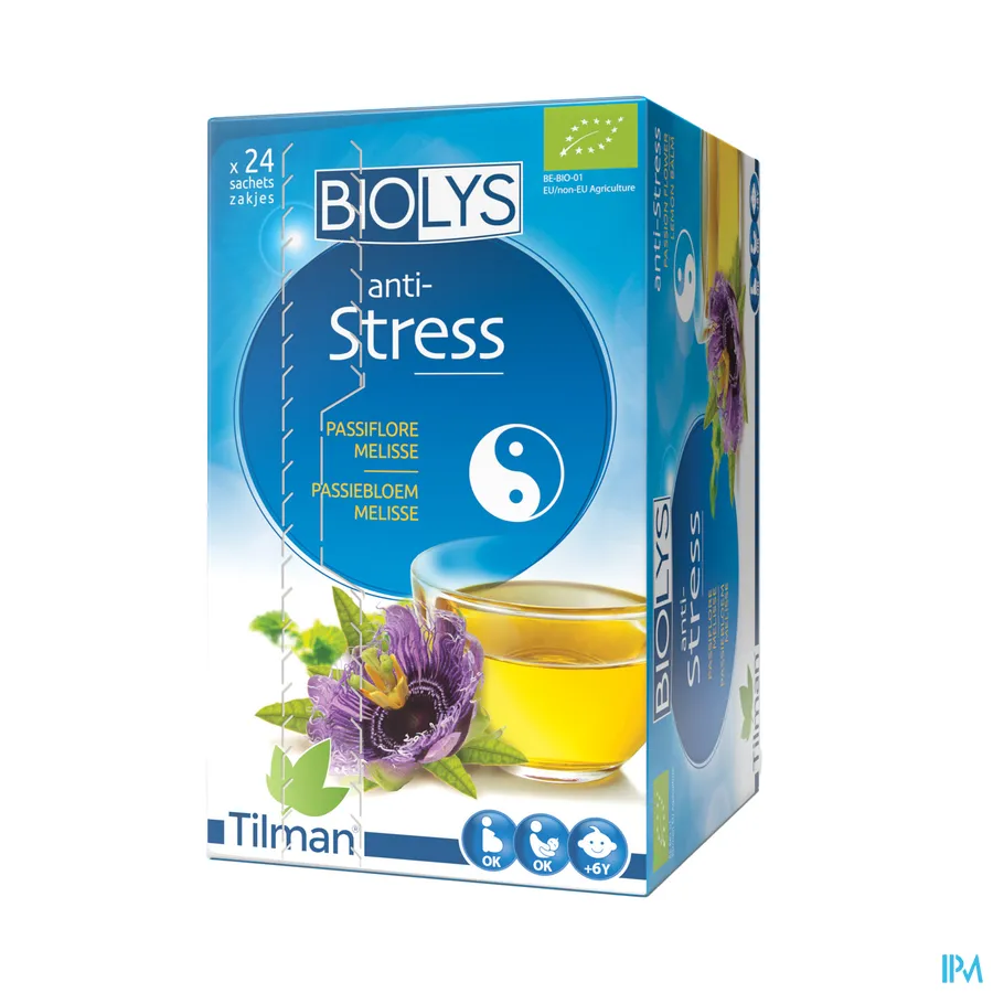 packshot van Biolys Thee tegen Stress met Passiebloem en Melisse 24 Zakjes
