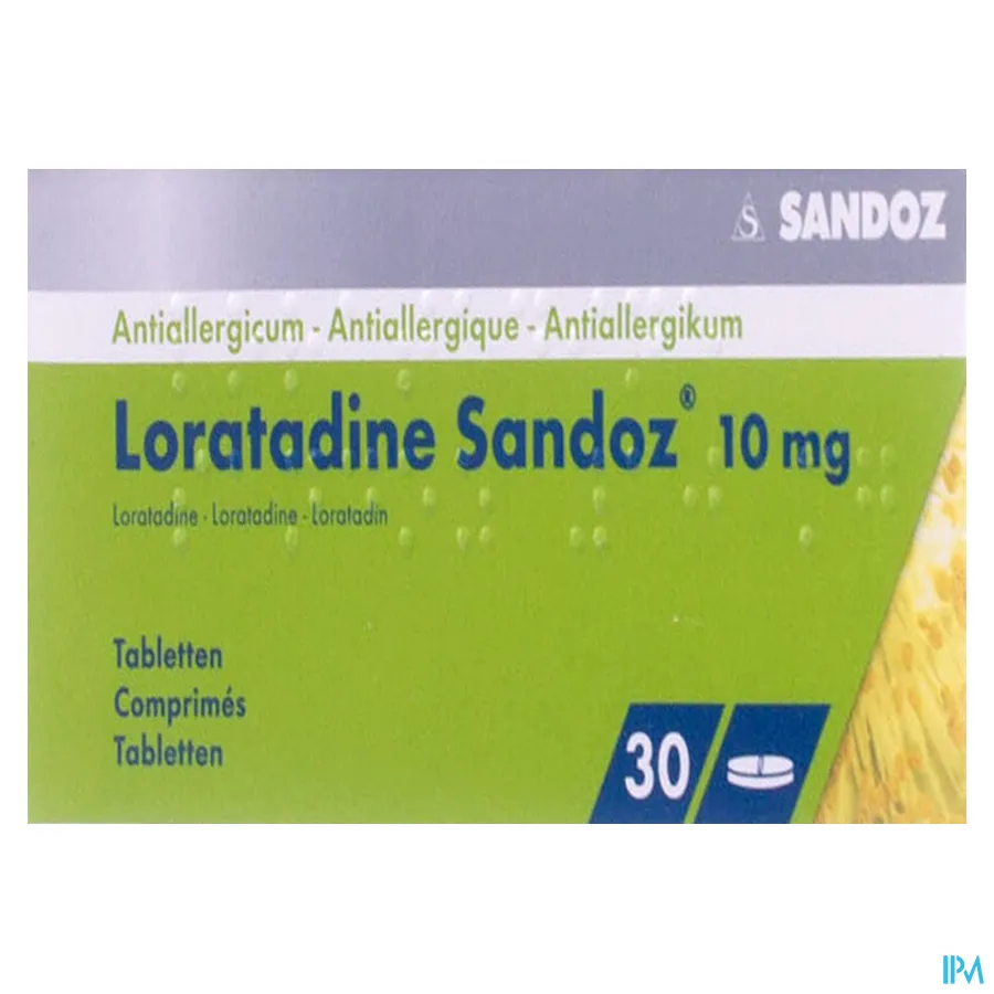 packshot van Loratadine Sandoz 10mg 30 tabl