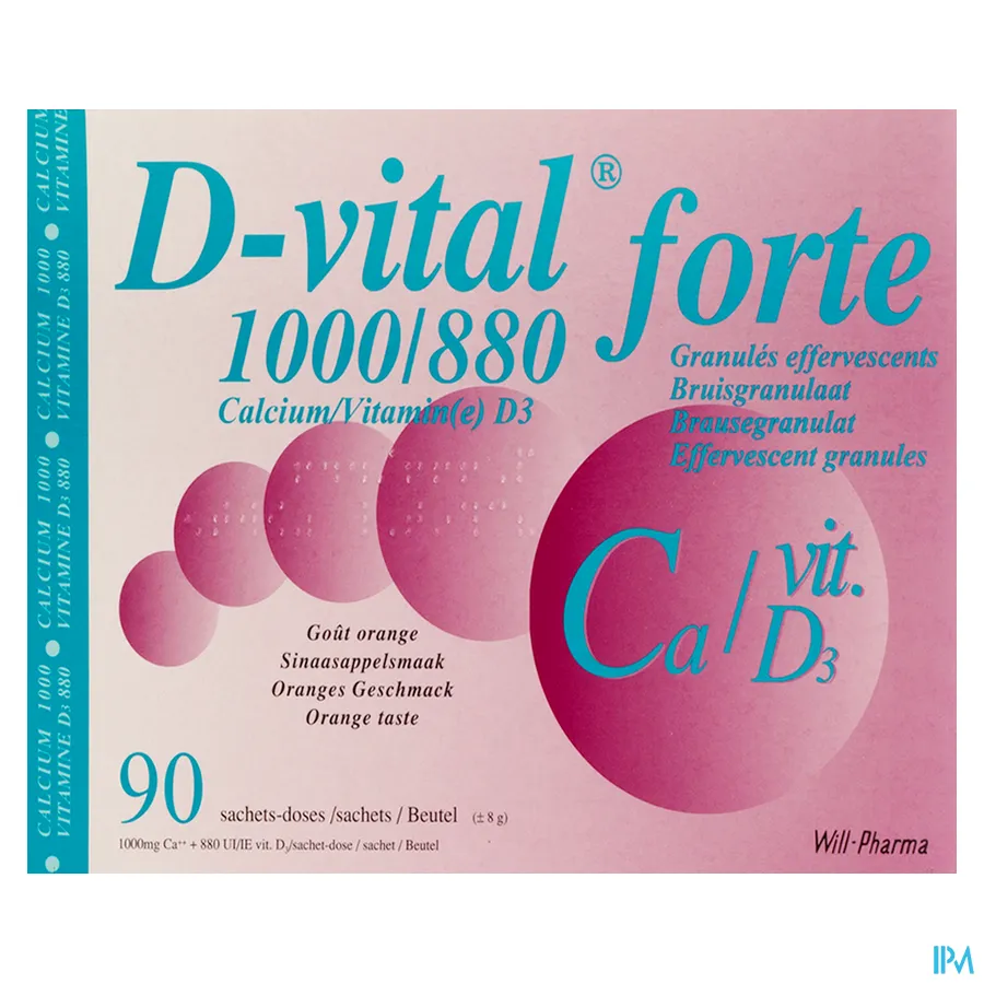 packshot van D Vital Forte 1000 mg Calcium en 880 IE Vitamine D3 Bruisgranulaat met Sinaasappelsmaak 90 Zakjes