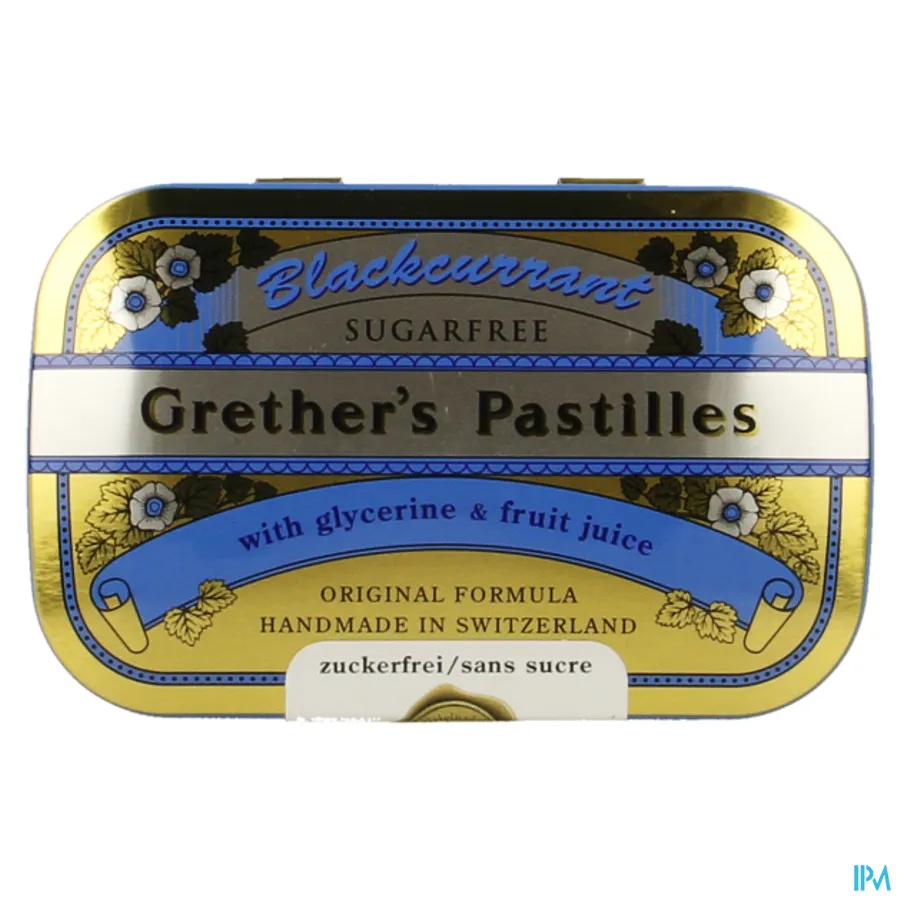 packshot van Grether's Pastilles Zwarte Bes Suikervrij in Blikken Doos 60 g