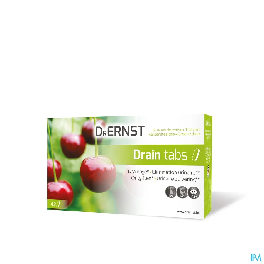 packshot van Dr Ernst Drain Tabs voor Drainering en Urinaire Zuivering met Kersensteeltjes en Groene Thee 42 Tabletten