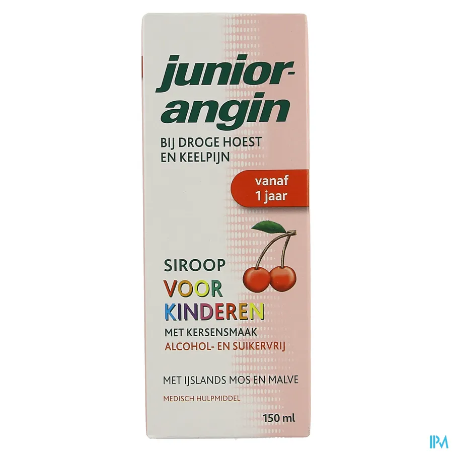 packshot van Junior-Angin met Kersensmaak voor Droge Hoest en Keelpijn bij Kinderen Siroop 150 ml