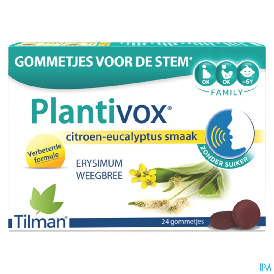 packshot van Plantivox Gommetjes voor de Stem met Erysimum en Weegbree Citroen-Eucalyptussmaak 24 Stuks