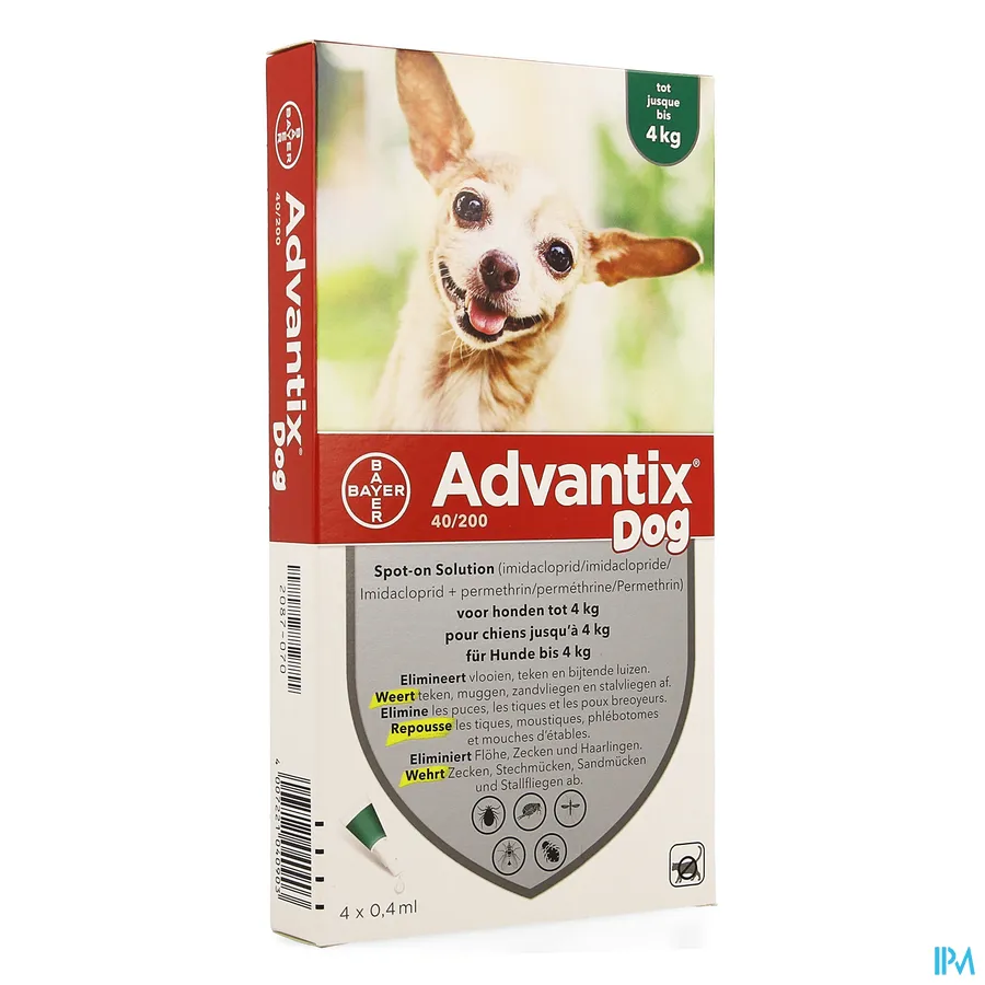 packshot van Advantix 40/200 Hond < 4 kg 4 x 0,4 ml