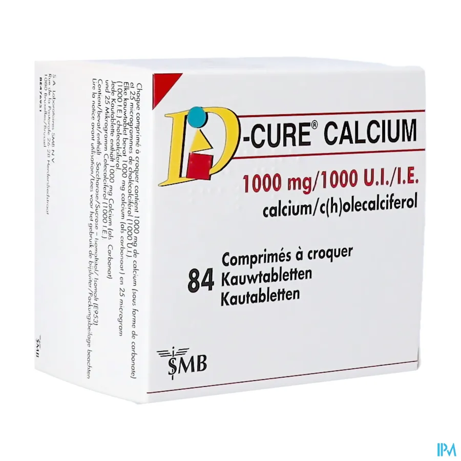 packshot van D-Cure 1000 mg Calcium en 1000 IE Cholecalciferol 84 Kauwtabletten