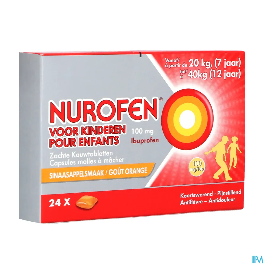 packshot van Nurofen voor Kinderen 100 mg 24 Kauwtabletten