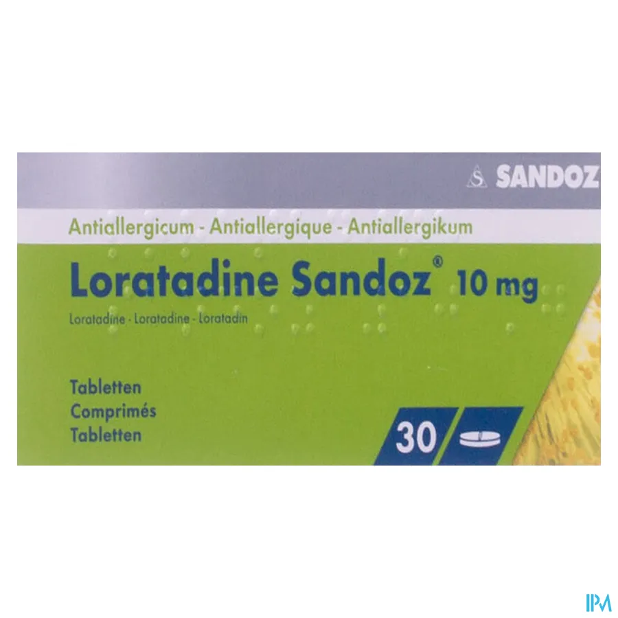 packshot van Loratadine Sandoz 10mg 30 tabl