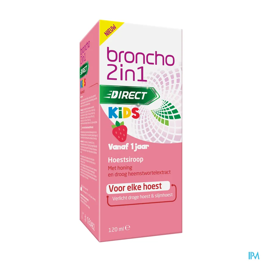 packshot van Broncho 2in1 Direct Kids Hoestsiroop voor Droge Hoest en Slijmhoest voor Kinderen vanaf 1 Jaar met Honing en Droog Heemstwortelextract met Aardbeismaak Siroop 120 ml