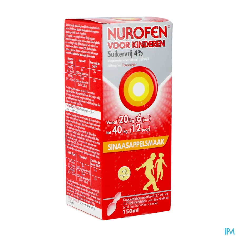 packshot van Nurofen Kind Suikervrije Siroop 4 % Sinaasappelsmaak 150 ml