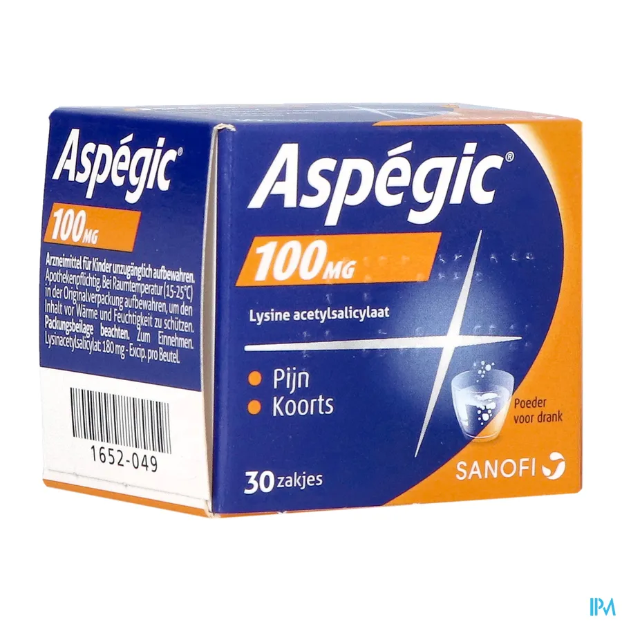 packshot van Aspégic 100 mg bij Pijn en Koorts 30 Zakjes