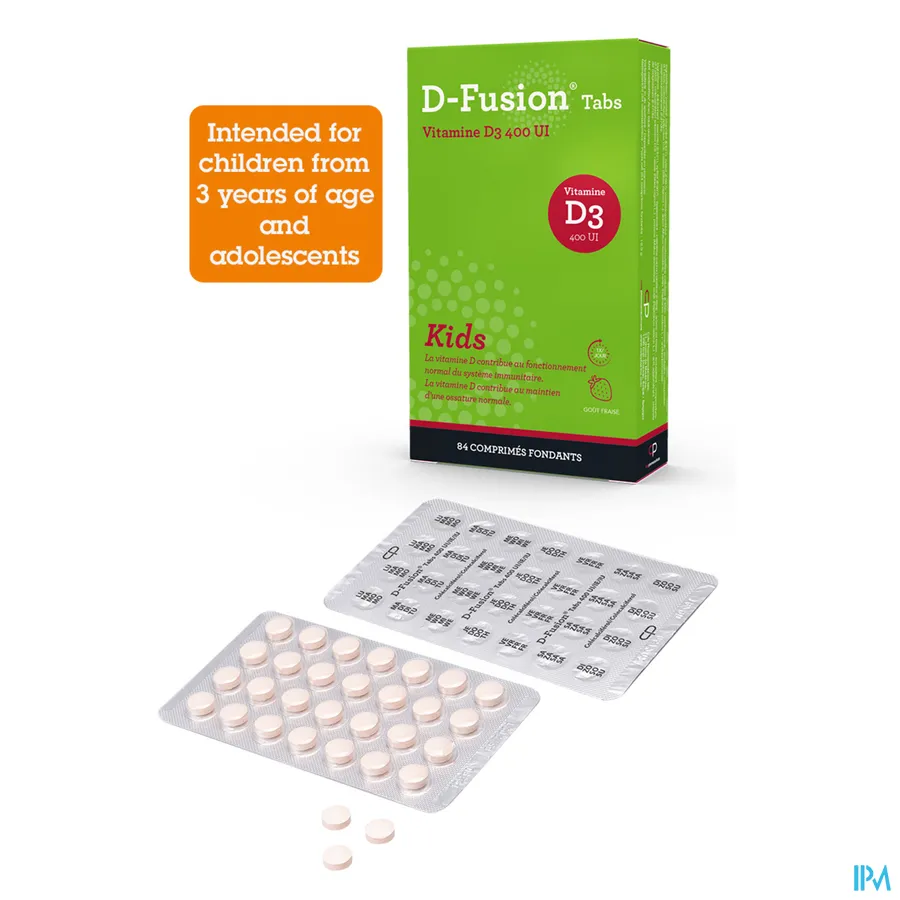 packshot van D-Fusion Tabs Kids met 400 IE Vitamine D3 met Aardbeismaak 84 Smelttabletten