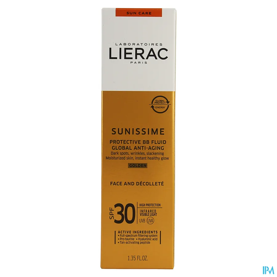 packshot van Lierac Sunissime Beschermende Goudkleurige Anti-Ageing BB Zonnefluide met SPF 30 voor Gelaat en Decolleté Tube 40 ml