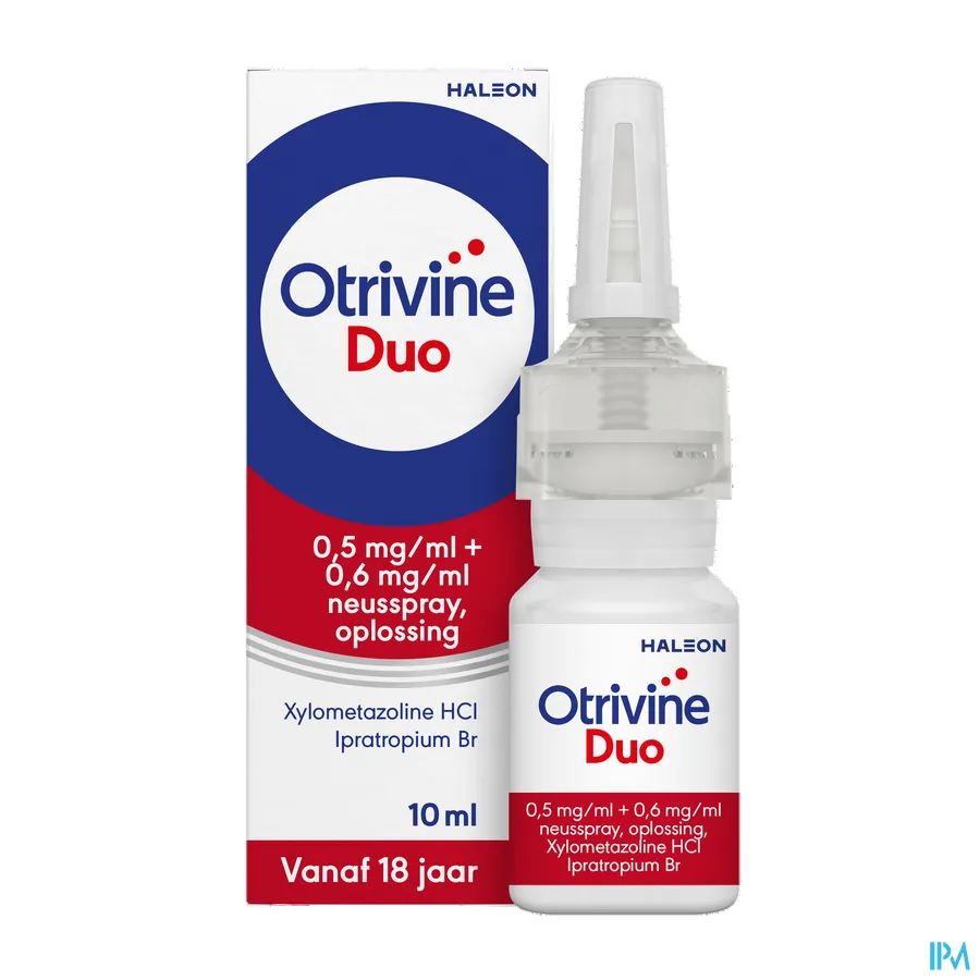 packshot van Otrivine Duo Neusspray tegen Verstopte Neus en Lopende Neus voor Volwassenen 10 ml