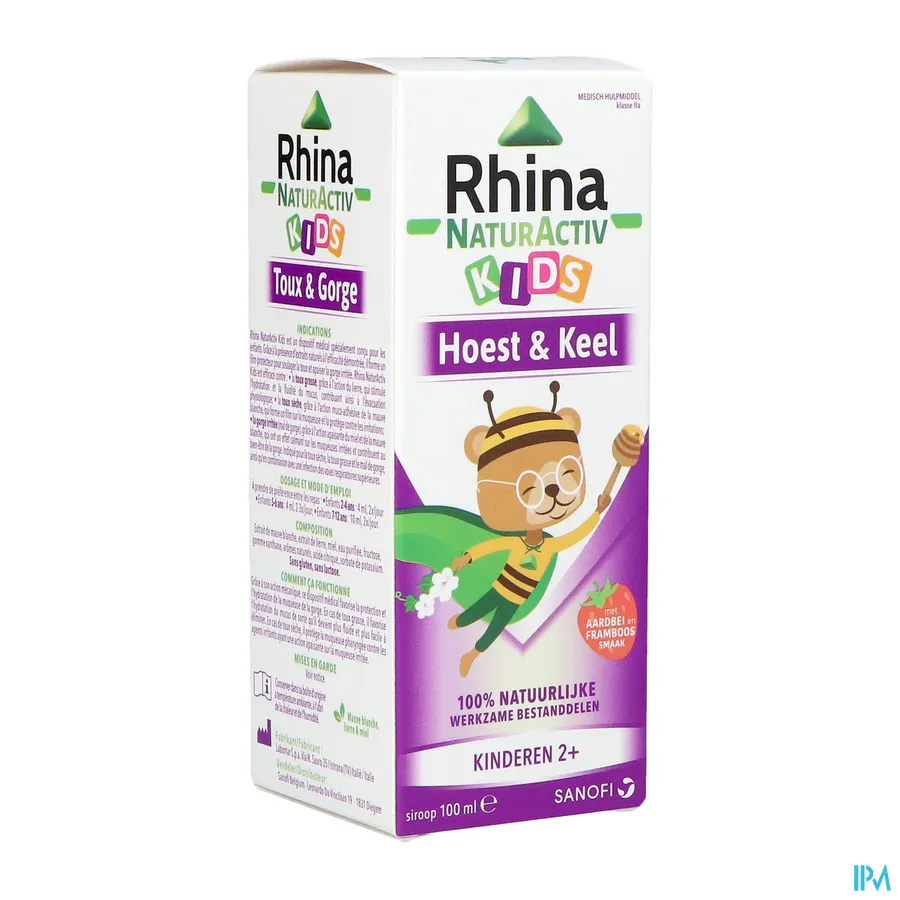 packshot van Rhina NaturActiv Kids 'Hoest en Keel' voor Kinderen vanaf 2 Jaar met Aardbei- en Framboossmaak Siroop 100 ml